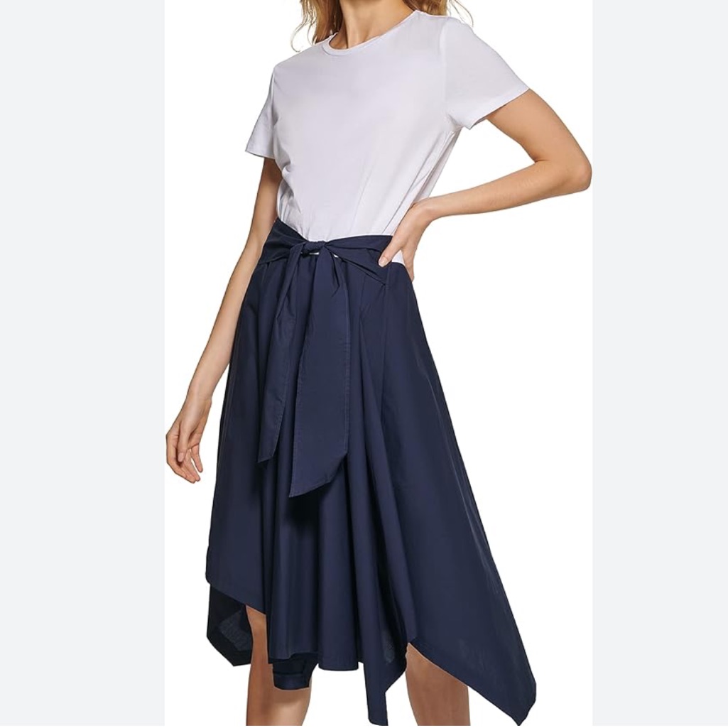 Dkny Mixed Media Dress Size Xl Women Preppy Tie Front Short Sleeve Cotton Modal